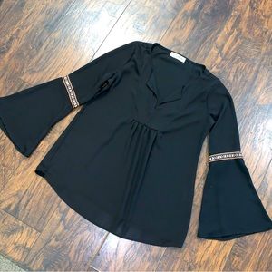 Callie Mac Long Sleeve, Flowy, Semi-Sheer, Bell Sleeves W/Embroidery V-Neck, Top